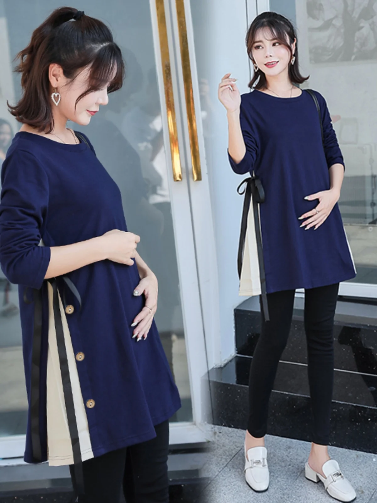 

Модная свободная футболка Materni с длинным рукавом и круглым вырезом в корейском стиле, средней длины, для беременных, весна-осень