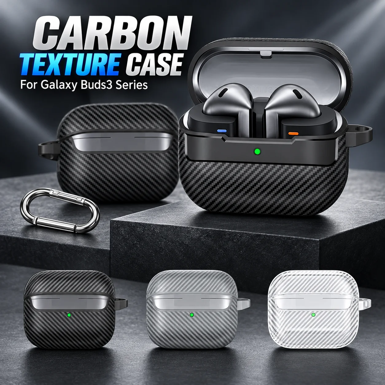 Silikonhülle mit Kohlefaser-Textur für Samsung Galaxy Buds 3 Pro Buds3 Buds3 FE Schutzhülle für Ohrhörer-Ladebox mit Haken