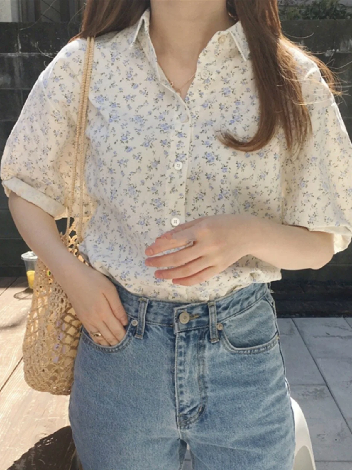 한국 스타일 세련된 꽃 프린트 턴 다운 칼라 반소매 셔츠 여성 여름 다목적 버블 슬리브 탑 신선한 스위트