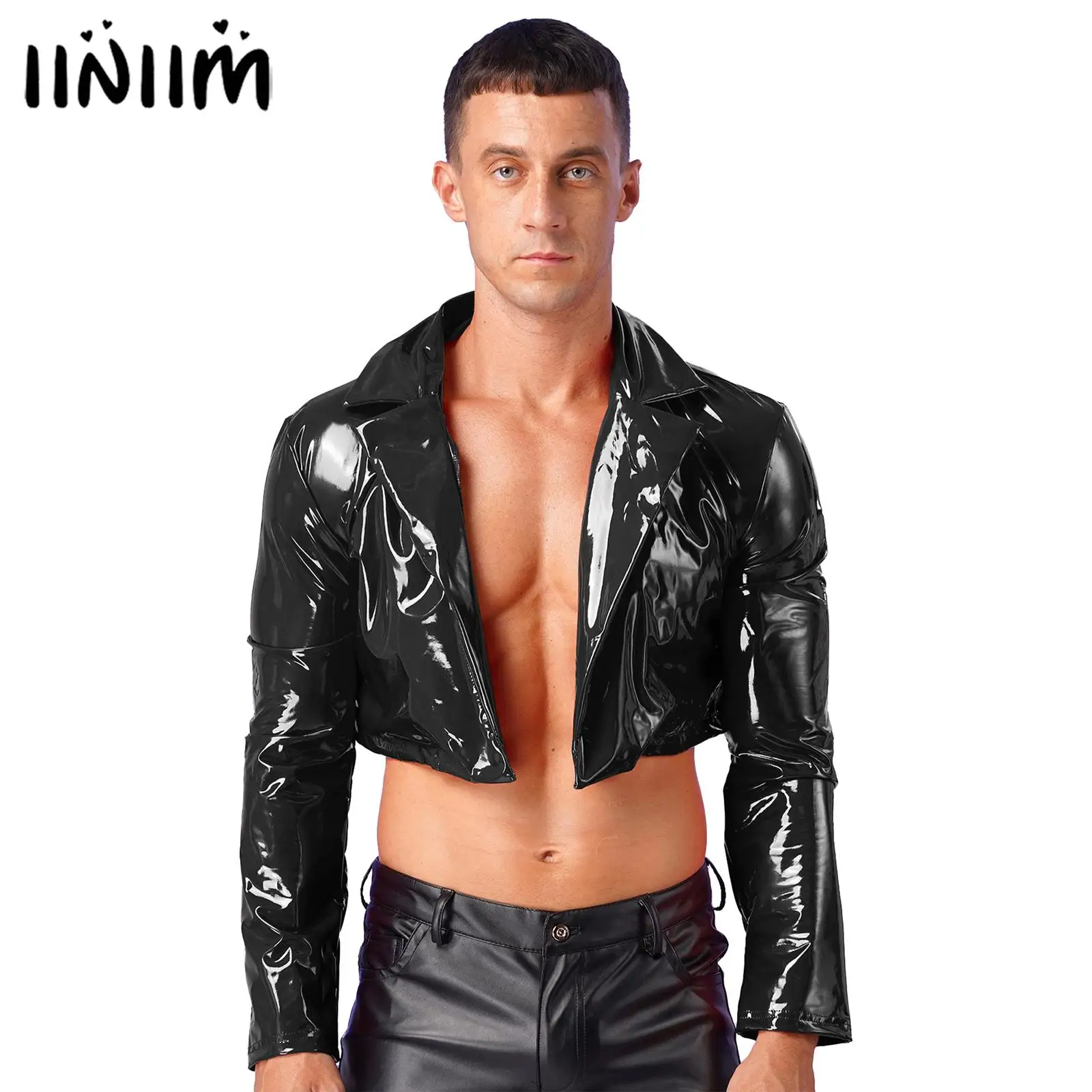 Mens  Lapel Patent Leather Jacket Patent Leather Motorcycle Coats Jackets Wet Look Long Sleeve Cropped Coat Rave Party Clubwear