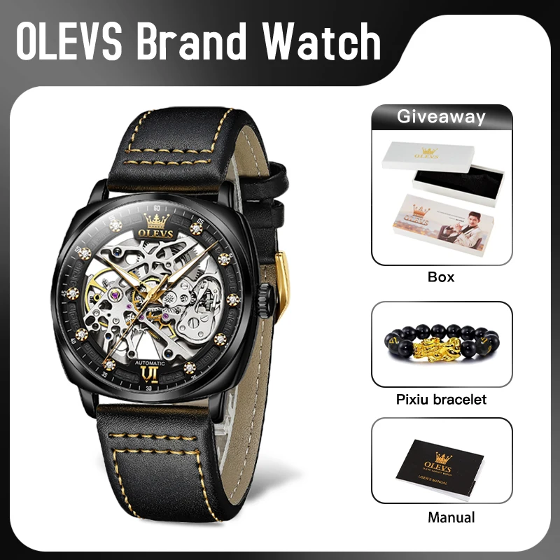 

OLEVS 6651 Mens Watch Original Fashion Hollow Out Automatic Mechanical Watch Waterproof Luminous Leather Strap Watch For Men