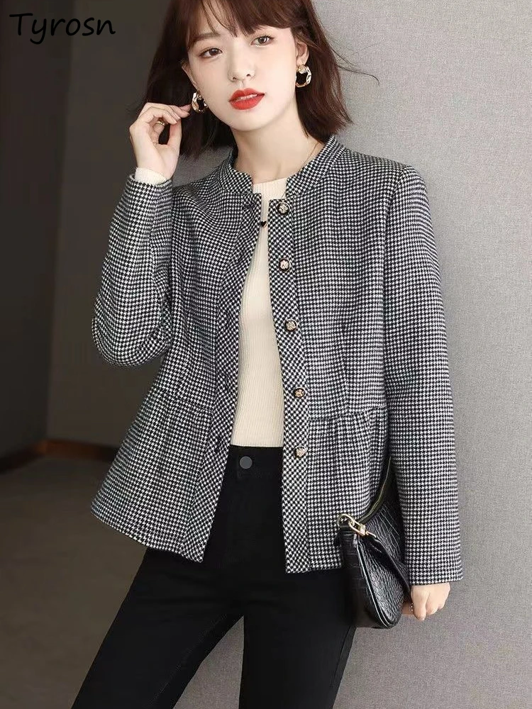 Woolen Jackets Women L-5XL Houndstooth Design Stand Collar Simple All-match Retro Slim Korean Style Female Spring Casual Chic