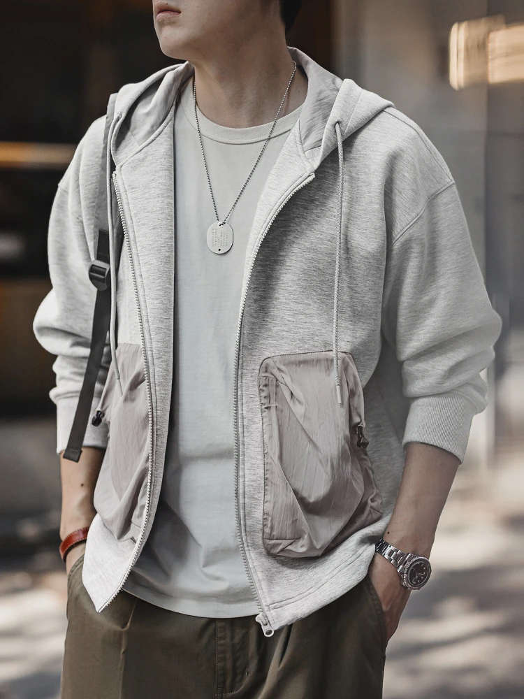 

Maden American Casual Air Layer Open Cardigan Sweatirt Patchwork ket Sports Zipper Hooded Jaet Men Spring Polyester Fa...