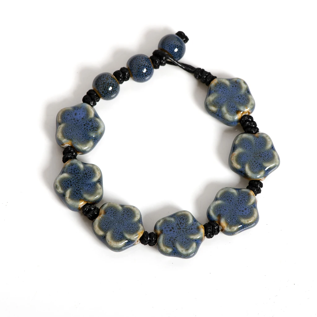 Handmade Ceramic Flower Bracelet 16–18cm Adjustable Cord Jewelry with Pink or Purple Glazed Beads for DIY Boho Style S02-057 view 6