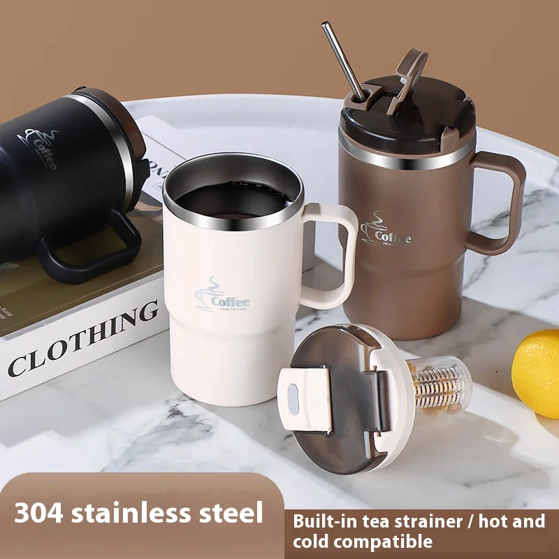 Kaffeetasse aus Edelstahl mit Löffel, isolierter Becher mit hohem Erscheinungsbild, großes Fassungsvermögen mit Strohhalm, Becher, Wassertasse, Teetasse