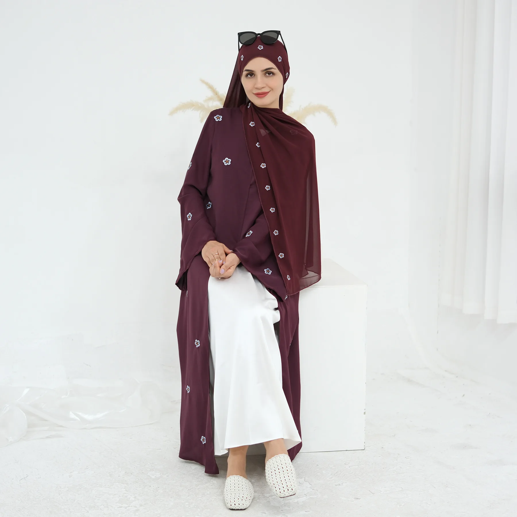 Dubai Open Abaya Moslim Hijab Jurk Set Vrouwen Borduren Kimono Jalabiya Arabisch Gewaad Lange Vest Turkije Kaftan Islam Kleding
