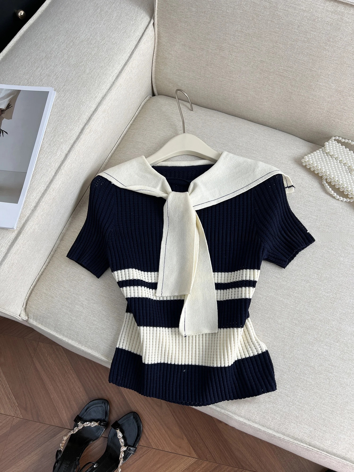

Casual Sle Knitted Top Navy Collar Color Blo Design College Faion Summer New Arrival Women's Slim Fit Polyester Fiber
