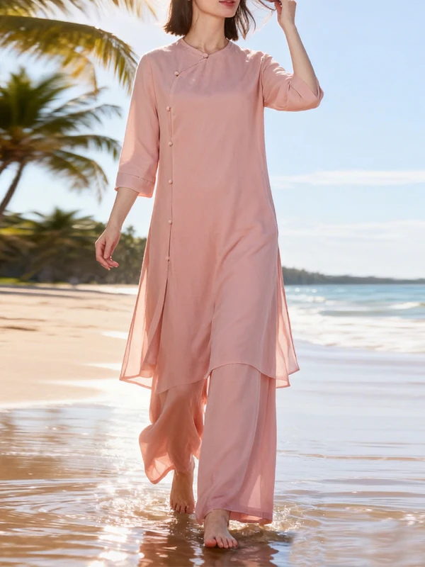 

Элегантный китайский комплект в стиле дзен из шифона: модный, струящийся, для танцев, йоги, медитации, ханьфу, для чайной церемонии, комплект из двух предметов