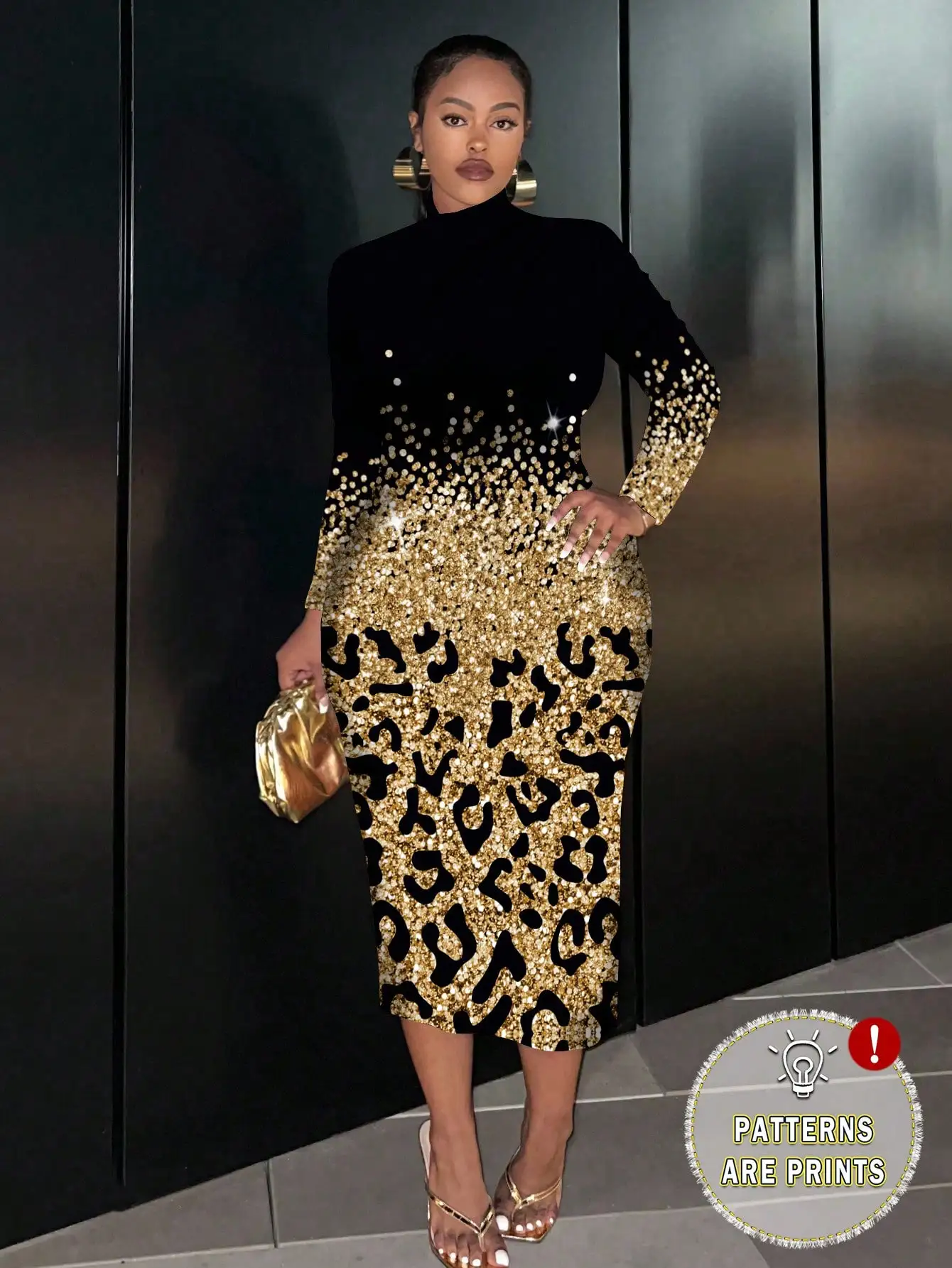 

Платье-миди с длинными рукавами, золотисто-черным леопардовым принтом и пайетками, для вечеринок, больших размеров.