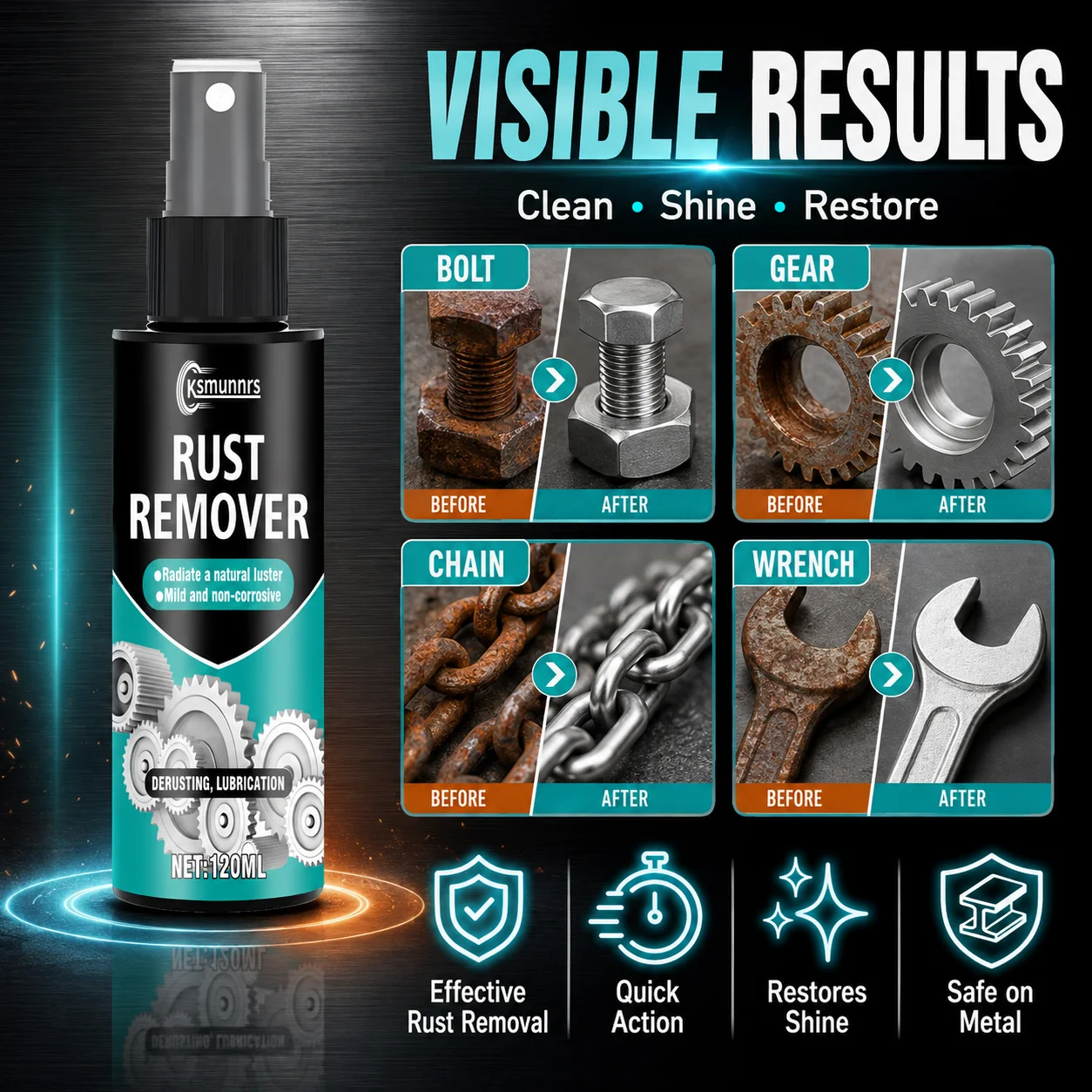 120ml Rust Remover Spray, Quick Metal Rust Cleaner for Bolts, Chains, Gears, Wrenches, Restores Metal Shine
