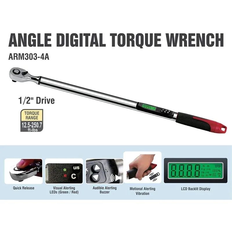 home.ARM303-4A-340 مفتاح عزم الدوران الرقمي عالي التحمل مقاس 1/2 بوصة مع صفارة وإشعار فلاش LED - معايير ISO 6789 #2