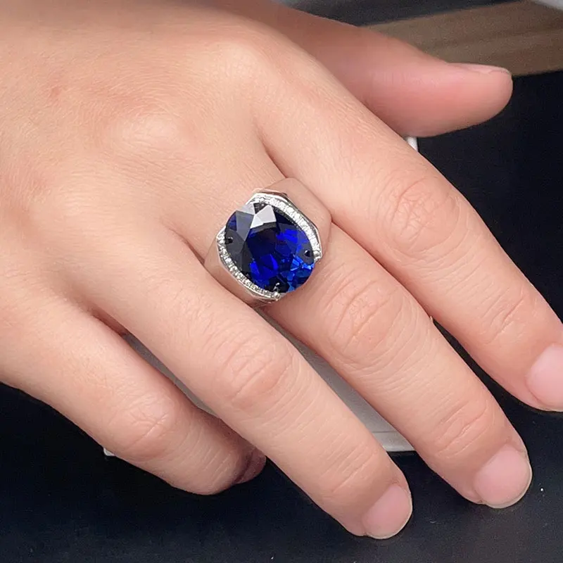 Royal Blue Man Made Sapphire Silver Ring 12mm*16mm Lab Created Red Crystal Ring 18K Gold Plated 925 Silver Gemstone Jewelry