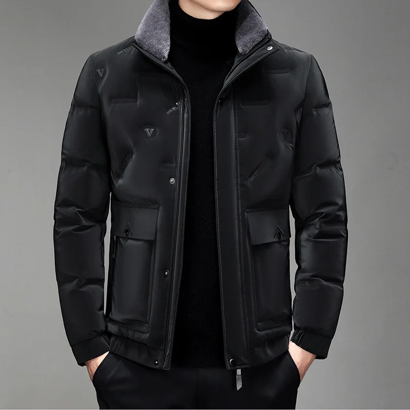 High-end Quality White Duck Down Down Jacket Men Winter Coat Fur Collar Zip Long Sleeve Business Casual Puffer Windproof Pocket