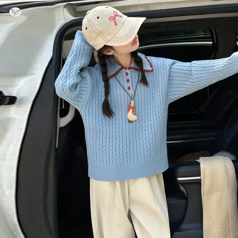 Suit Girls 2026 Autumn and Winter Korean Western Style Children Lapel Sweater Fashion Straight Leg Pants Two-piece Set Trendy