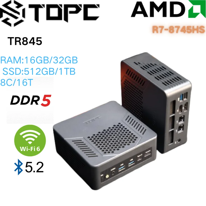 

TOPC AMD Ryzen 7840HS 8-Cores-16-Threads Mini Desktop PC DDR5 M.2 PCIe4.0 SSD, 4K HD, DisplayPort, 2.5Gigabit LAN