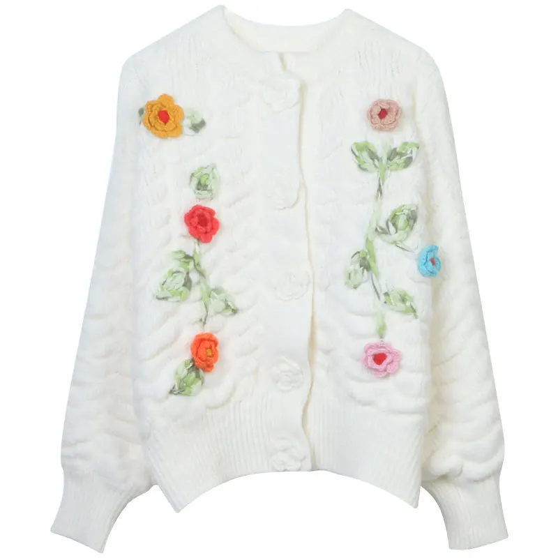 

Jastie Boho Flower Soft Knitted Cardigan Sweater 2023 Autumn Winter Women Jumpers Loose Casual O Neck Long Sleeve Jacket Tops