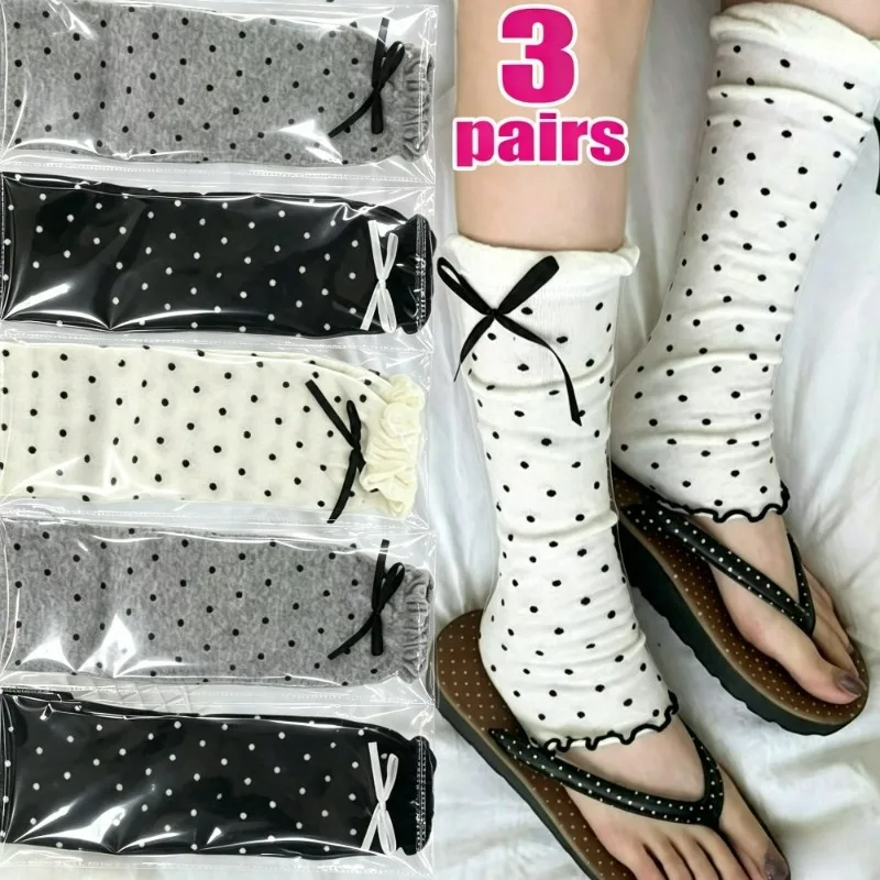 1/3Pairs Japanese Bowknot Polka Dot Leg Covers for Women Fashion Stacked Wooden Ear Edge Socks Y2K Knitted Foot Cover Knee Socks