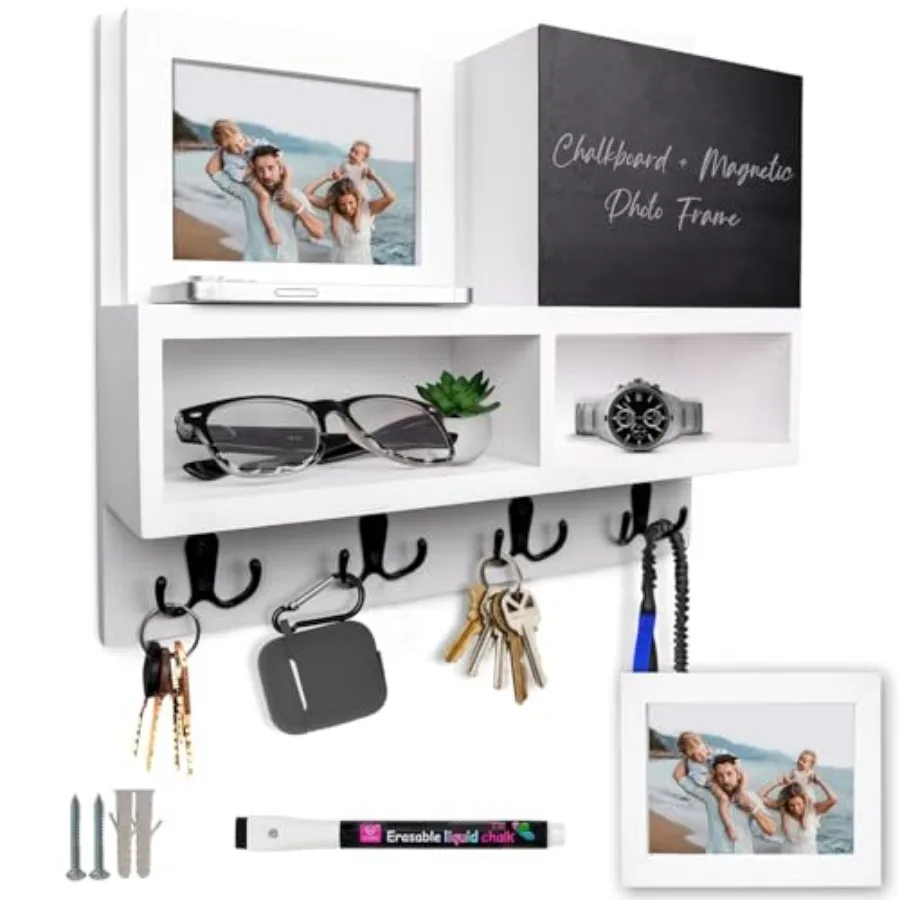 

Настенный держатель для ключей и почты с меловой доской, магнитной рамкой для фотографий, двойным хранением и отсеками для хранения
