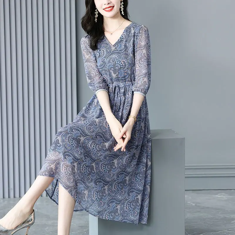 Women's Blue Paisley Print Half-Sleeve Chiffon Midi Dress With Drawstring Waist And Ruffled Cuffs