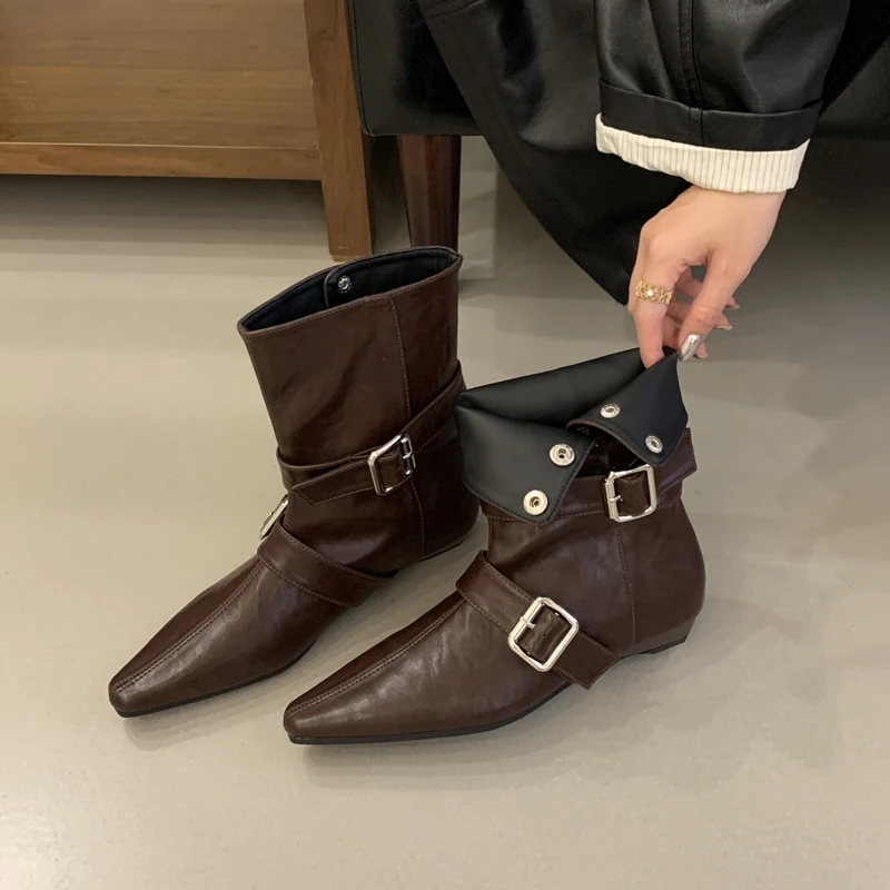 

wedges ankle boots woman shoes leather rivet buckle modern boot autumn winter slip on short western boots vintage black brown