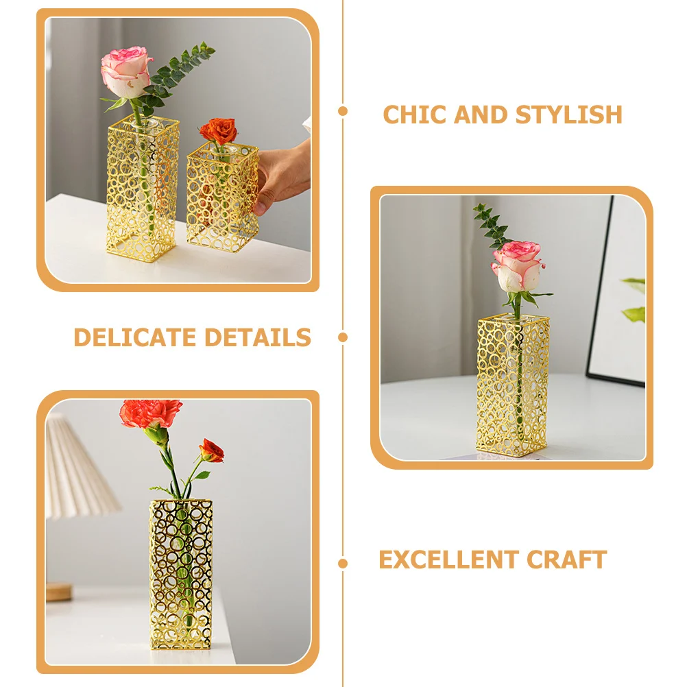 

Decorative Iron Vase with Glass Insert Modern Artistic Flower Planter for Tabletop Mantel Shelf Elegance Enhancing Home Office