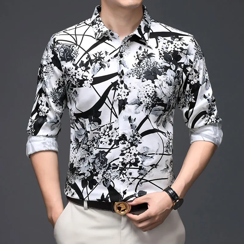 

Men's Pure Cotton Printing Tops 2023 Spring Fashion Flowers Printed Shirts Male Long Sleeve 100% Cotton Clothes