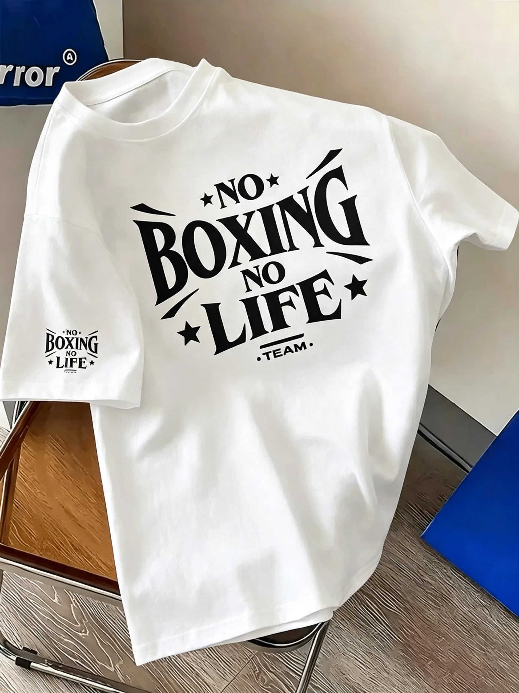Schwarz-weißes Baumwoll-T-Shirt „No Boxing No Life“ Streetwear Herren Fitness Muskel Casual Style T-Shirts Herrenbekleidung Streetwear – Detail 5