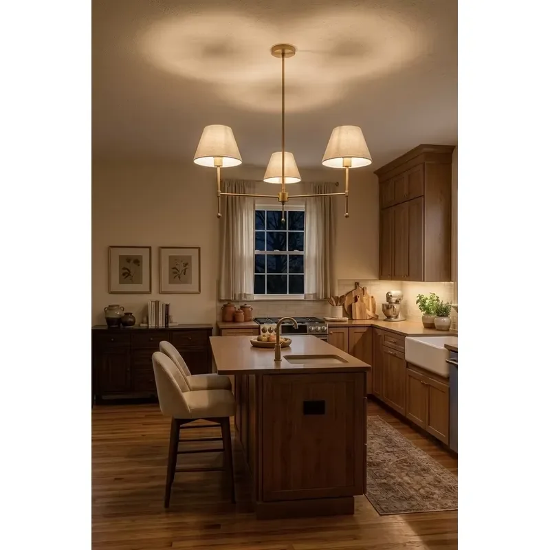 Modern Brass LED Chandelier with Fabric Shade Medium Size for Dining Room Bedroom Kitchen Lighting Fixture
