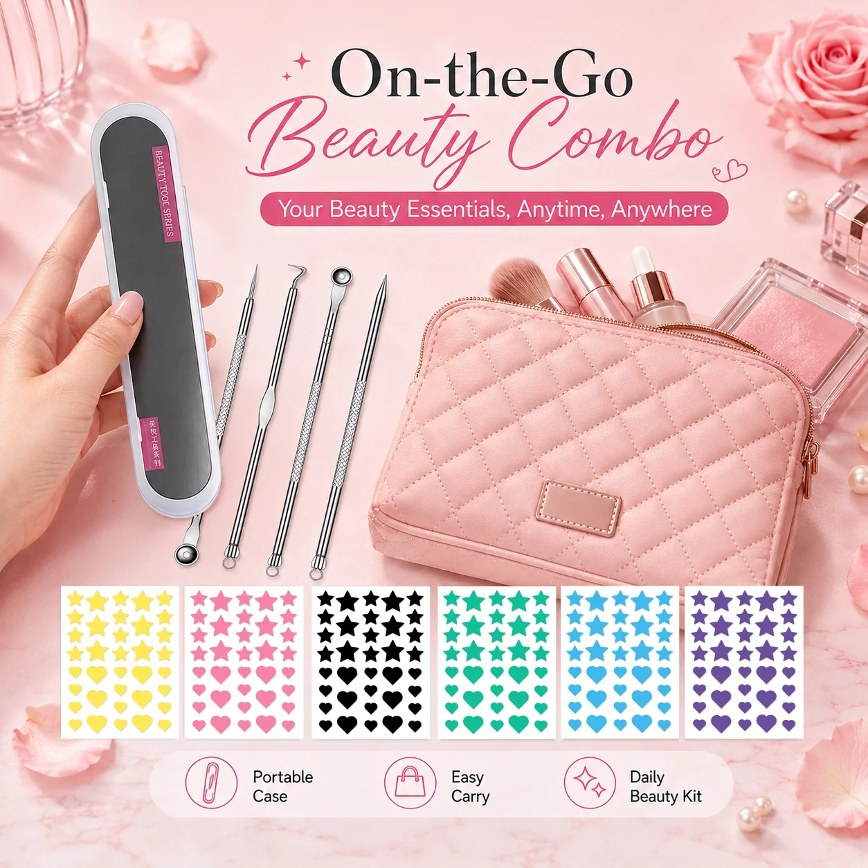 4-Piece Stainless Steel Tool Kit with Case & 6-Color Star Love Pimple Patch Sheets, Portable Beauty Set for Travel & Daily Use.