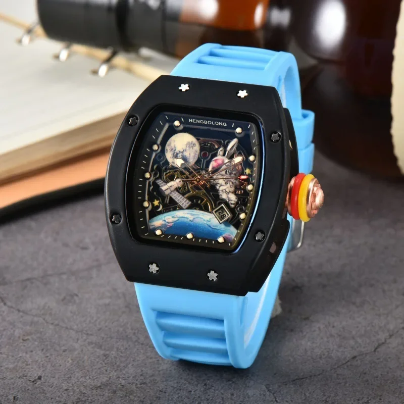 

Мужские кварцевые часы, модные часы Tonneau с космическим ремешком, светящиеся водонепроницаемые спортивные часы с датой, часы высокого качества, мужские стальные наручные часы AAA