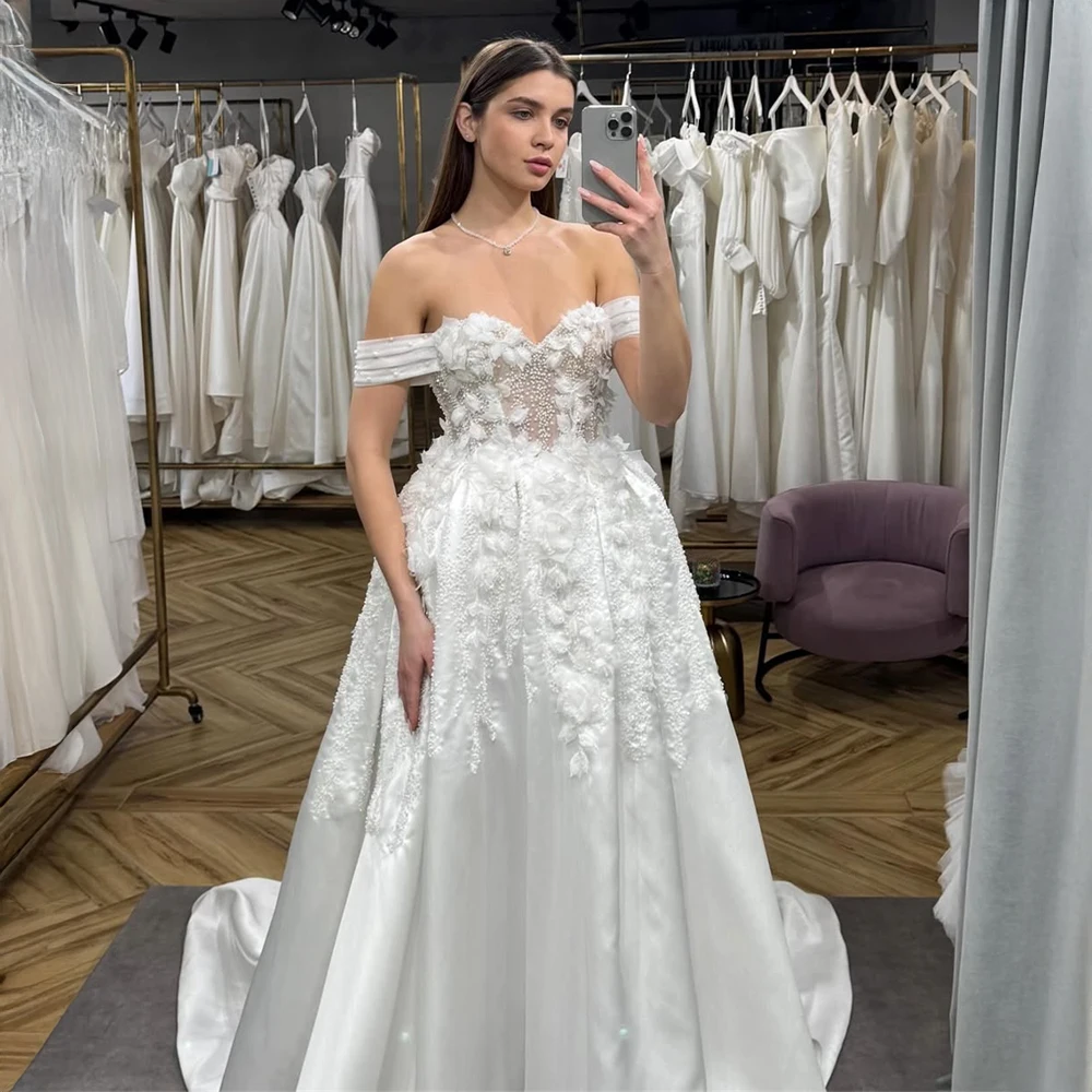 

Customized Romantic 3D Flower Off Shoulder Wedding Dress Elegant Sweetheart Neck Ball Gown Bridal Dress For Wedding Ceremony