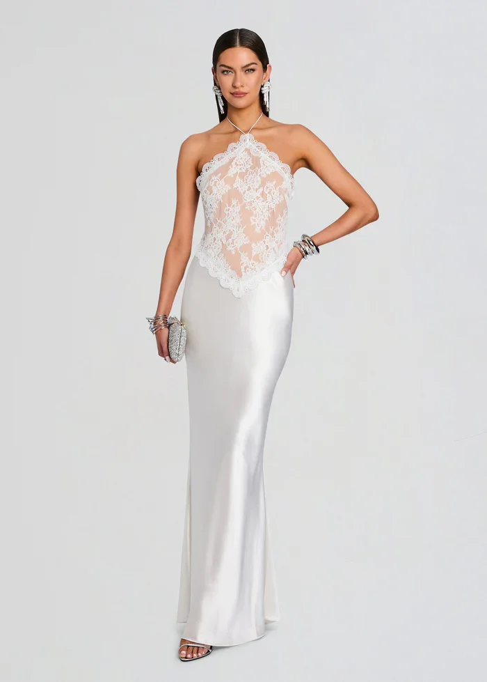 

Elegant Lace Halter Neck Maxi Dress High Quality Lace Appliques Patchwork Satin Backless Zipper Evening Party Prom Dresses