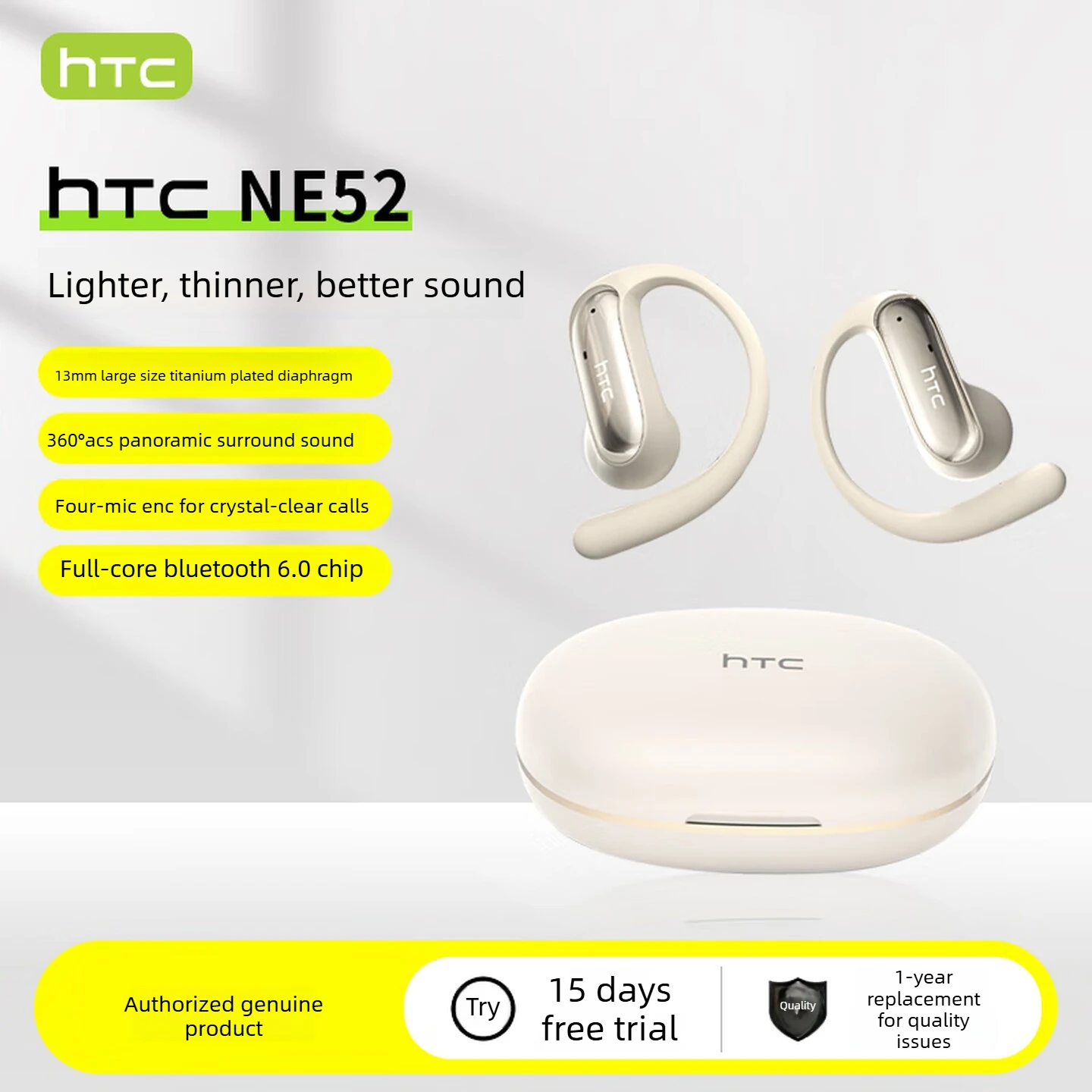 Auriculares Deportivos HTC NE52 de Diseño Abierto, Sonido Panorámico en Vivo, Batería de Larga Duración, Llamadas con ENC, Blancos, BT6.0+Sonido Envolvente+Cloud Fit