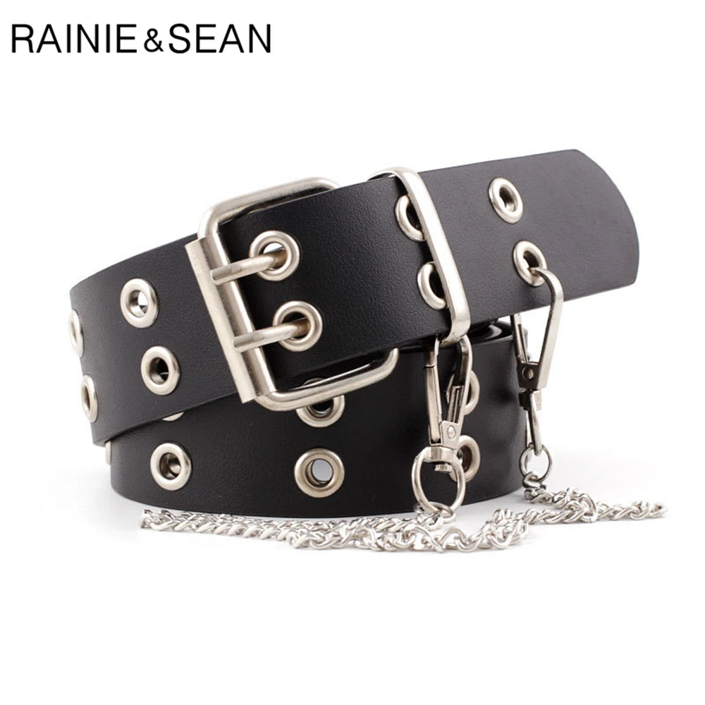 

RAINIE SEAN New Design Punk Rock Leather Belts for Women Black Coffee Chain Female Pin Buckle Belt Streetwear Belt Cinto 107cm