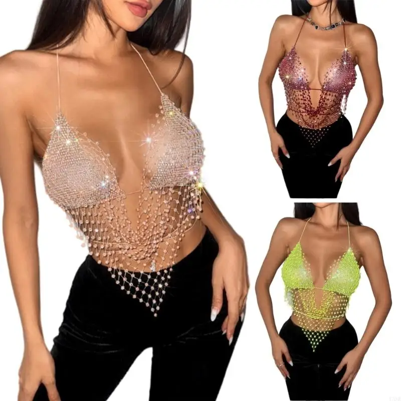 Y3NE Women Shines Rhinestones Top Mesh Bra Crop Top Shirt Night Club Party Raves Outfits See Through Camisole Top