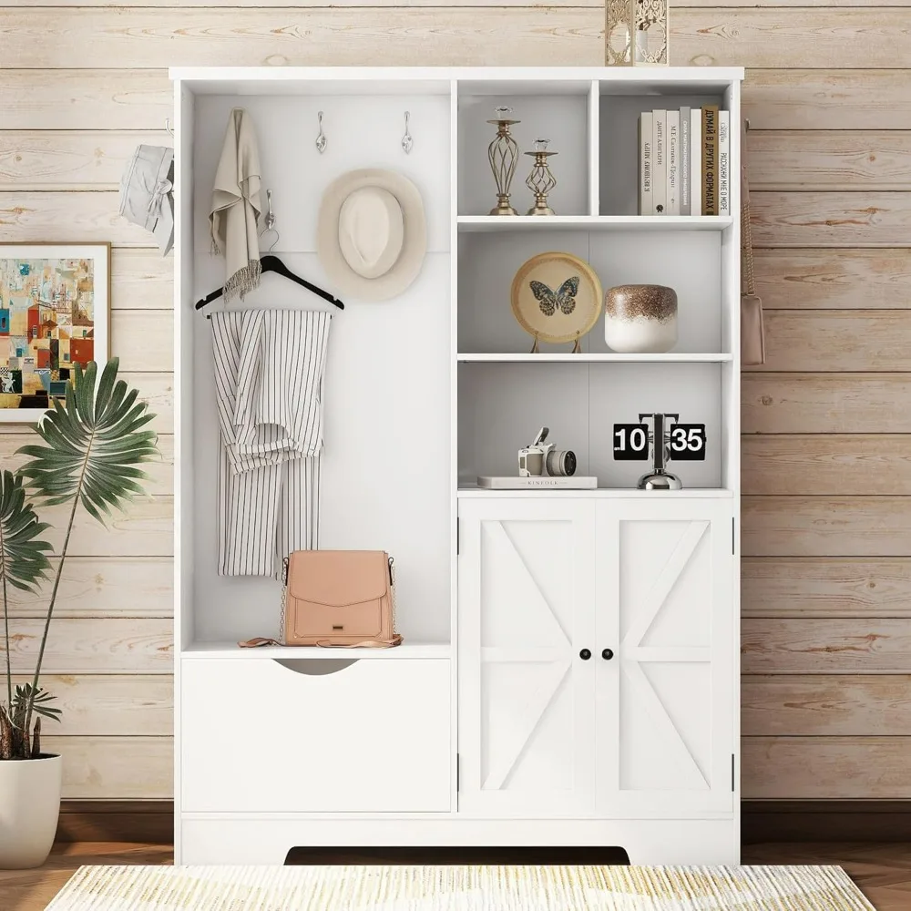 

Clothes Racks and Shoes Cabinet, Hall Tree with Mudroom Shoe Storage, White, Coat Rack and Hooks for Hallway Entryways