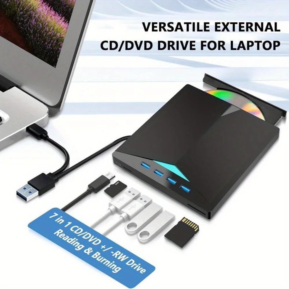 [7 in 1] External CD/ DVD Drive for Laptop, USB 3.0 USB C External DVD Drive, Portable CD Player DVD Drive with SD TF Slot and 4