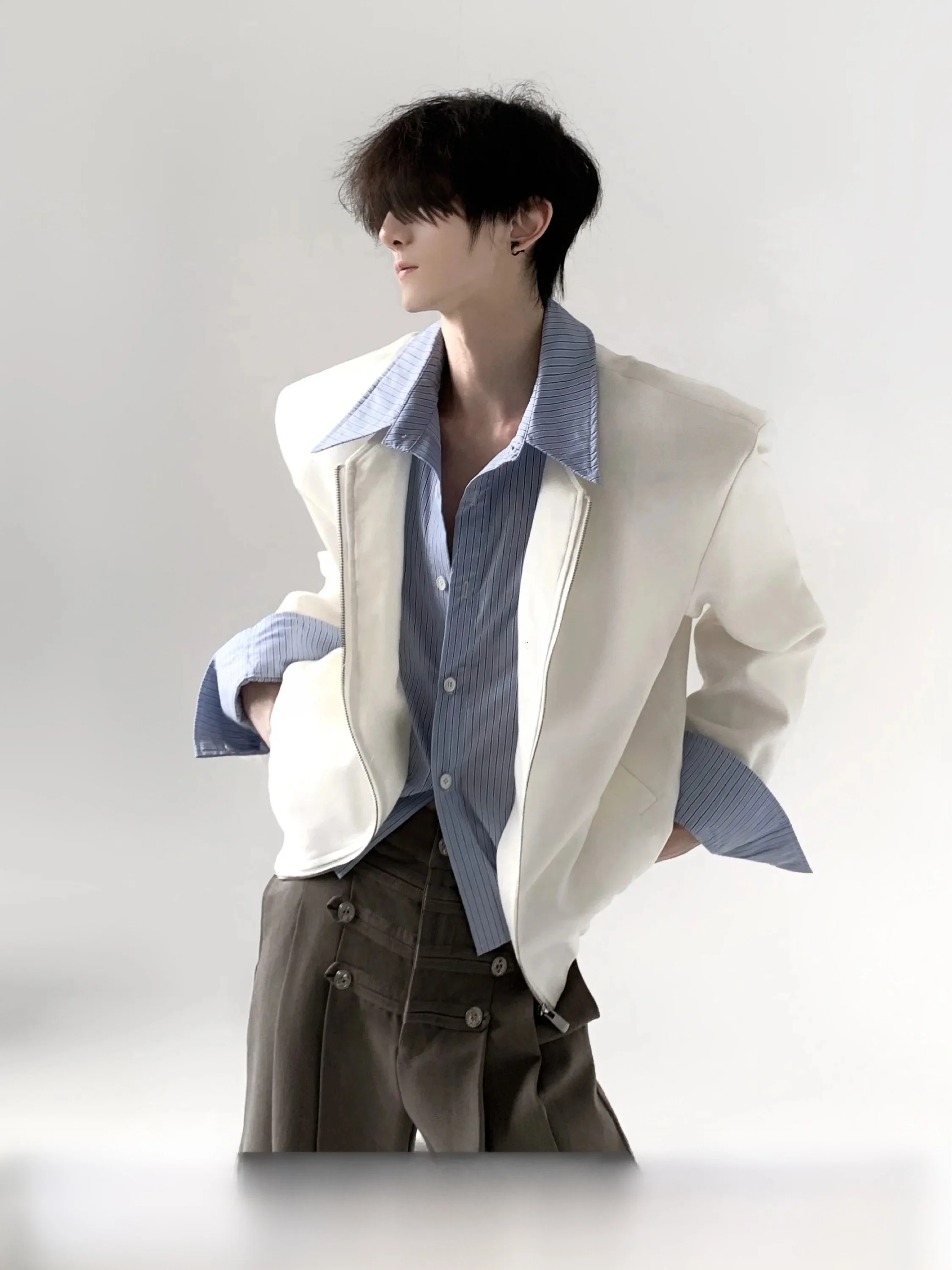 High Intelligence Striped Patchwork Fake Two-Piece Men's Jacket Shoulder Pad Old Money Style Cleanfit Short Length Long Sleeve