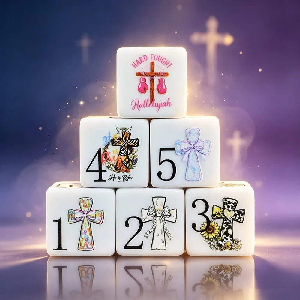 12Pcs 16MM D6 Acrylic Printed Dice, White Six Sided Dice With Cross Pattern For Tabletop Board Game Party Gaming Accessories