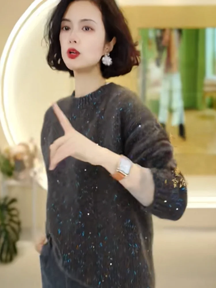 Faionable Long Sve round Ne Maglieria Maglione strato base in misto lana con design a paillettes per le vacanze autunnali invernali