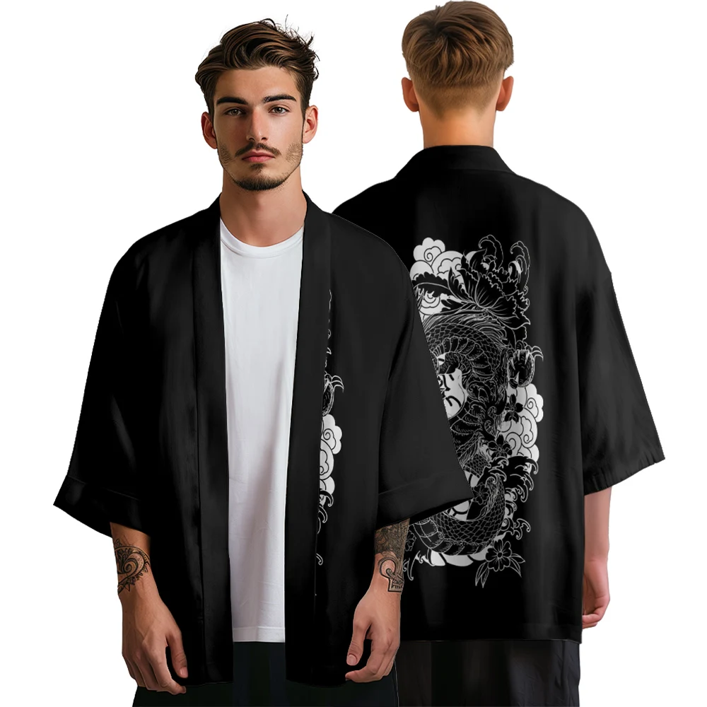 Summer Kimono Men Hawaiian Shirt Beach Cardigan Dragon Kimono Streetwear Women Yukata Bathrobes Simple Haori Japanese Clothes