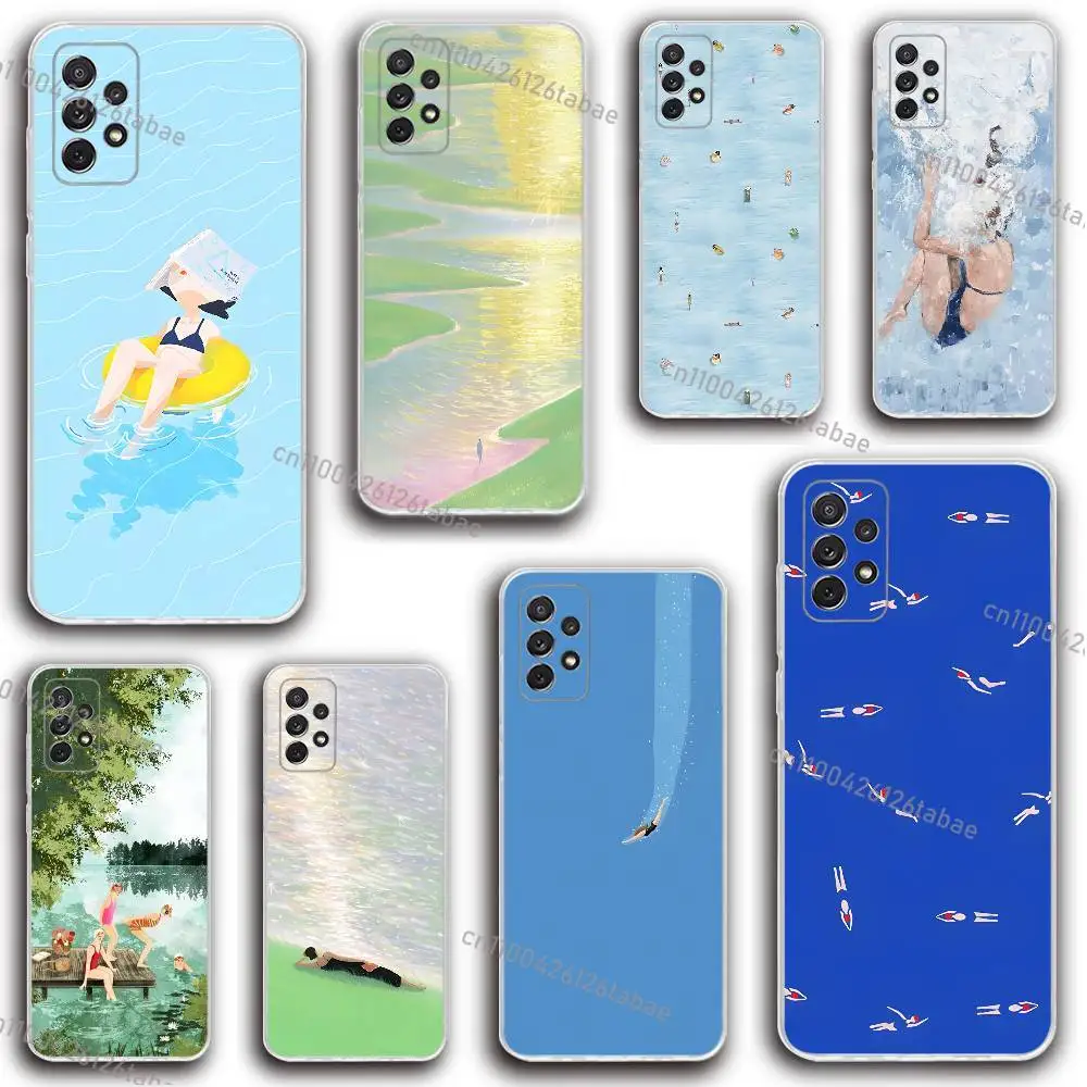 

INS Summer Swimming Pattern Phone Case Silicone For Samsung S30,23,21,22,20 FE lite,S10,9,PIus Note20ultra Soft Transparent