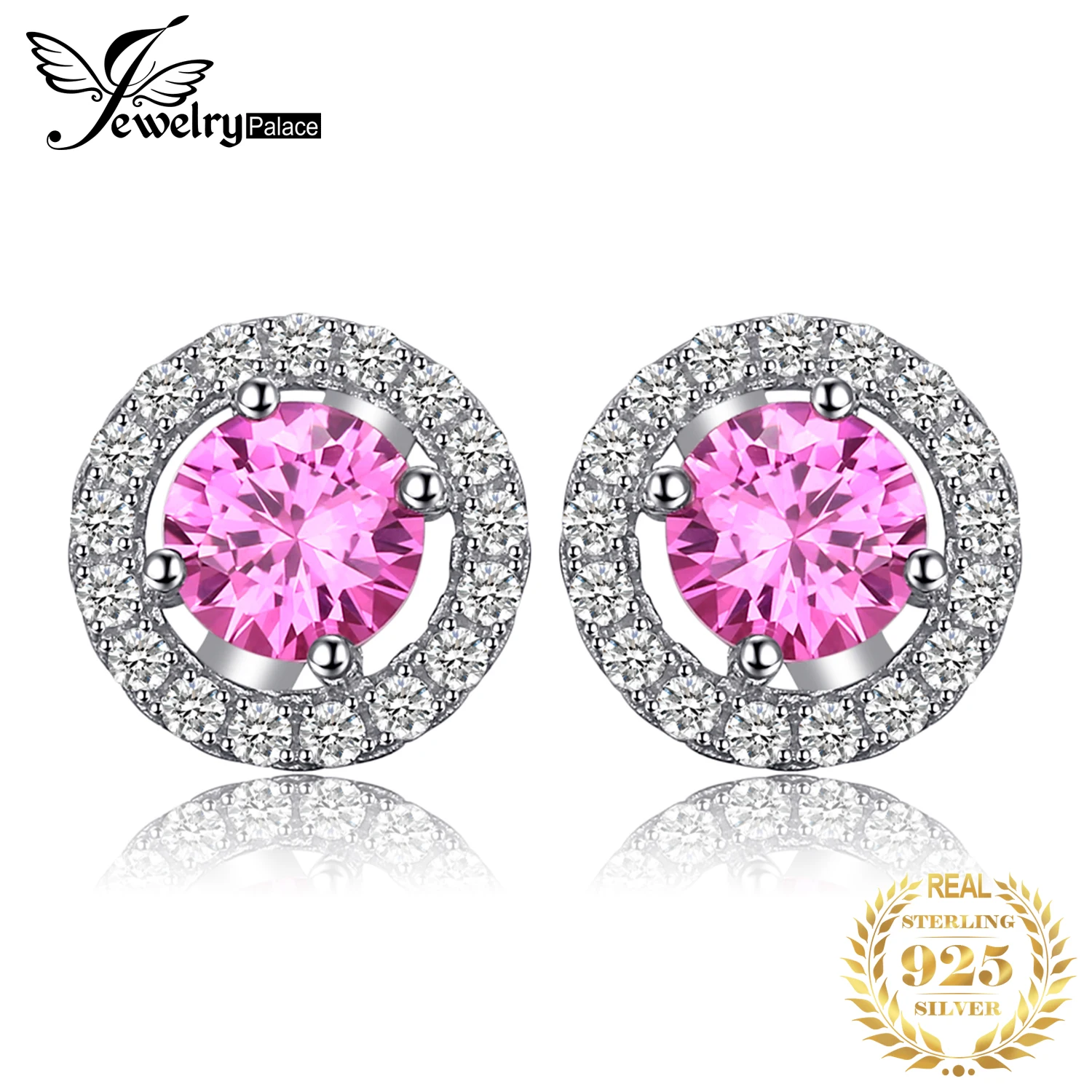 JewelryPalace Round 1.3ct utworzono różowy szafir 925 kolczyki sztyfty ze srebra wysokiej próby dla kobiet Gemstone Fine Jewelry Statement Gift