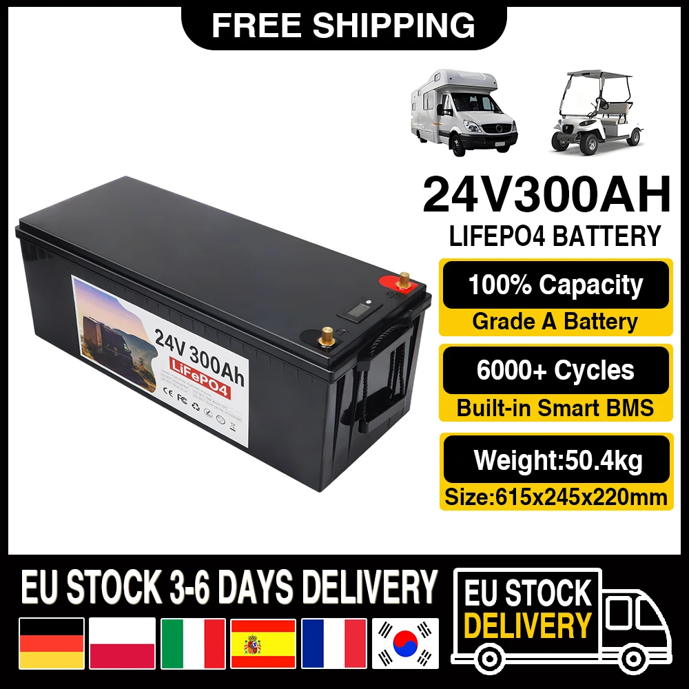 24V 250Ah 300Ah LiFePO4 Battery Pack Bulit-in BMS Lithium Iron Phosphate Rechargeable Cells For RV Golf Cart Solar Inverter Boat