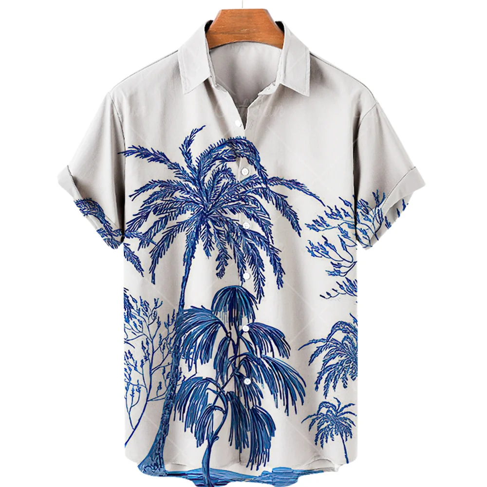 Coconut Tree Printed Hawaiian Shirt Simple Summer Style Beach Shirts Men\'s Seaside Quick Drying Short Sleeve Top Casual Men Wear