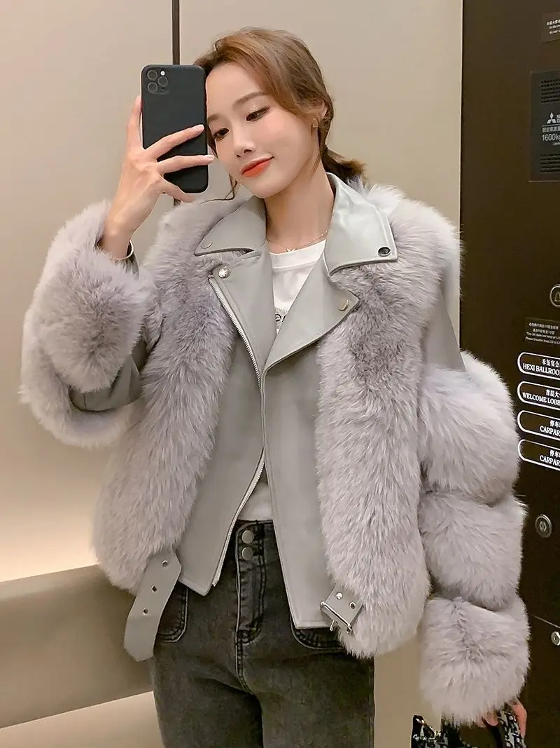 Haining Fur Coat Women 2024 New Imitation Fox Fur Motorcycle Jacket, Autumn and Winter Young Coat