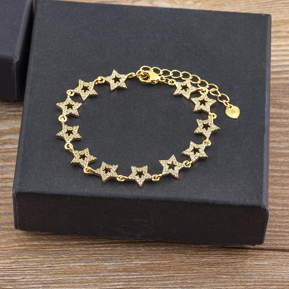 Nidin Full Rhinestone Gold Color Star Bracelet For Women Lucky Shiny Luxury Zircon Adjustable Chain Bangle Jewelry Party Gift