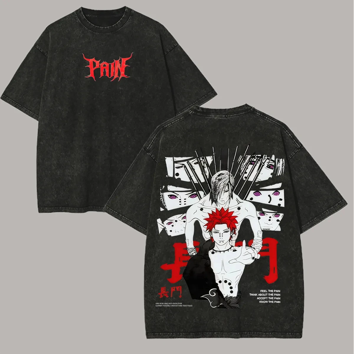 

2026 Naruto Nagito T-shirt - Akatsuki anime-style acid wash reverse print cotton streetwear