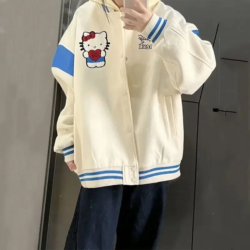 Preppy Hello Kitty Embroidered Patchwork Baseball Jacket Loose Autumn Winter Loose Casual Jacket Coat Women Harajuku Clothes Top