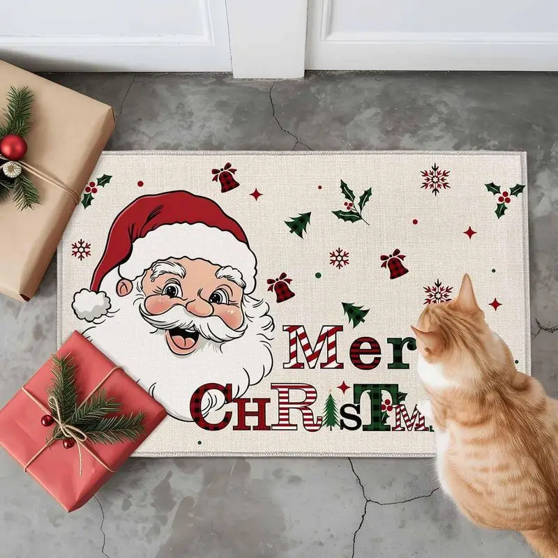 VIKAMA Christmas Doormat Santa Face Merry Christmas Plaid Letter Bell Print Durable Rug For Entryway Hallway Living Room Decor
